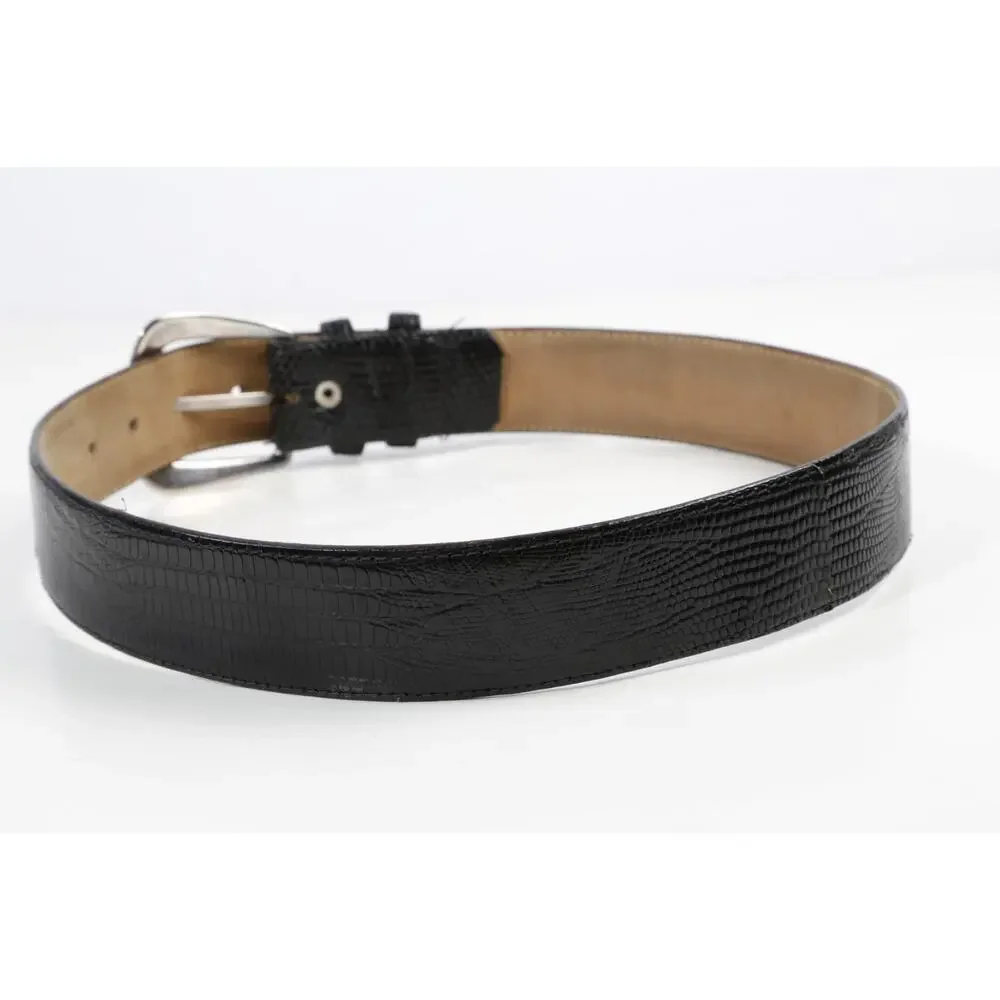 Vintage Black Genuine Lizard Leather Belt Silver Western Buckle Medium Size M